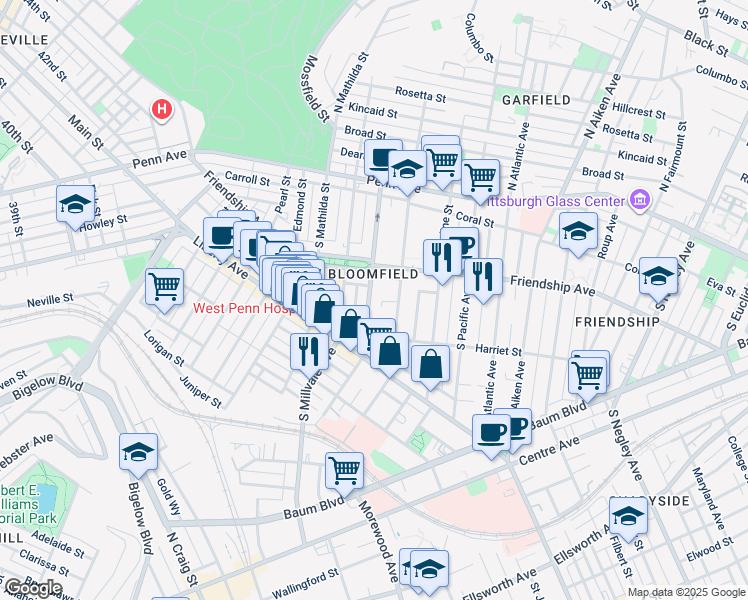map of restaurants, bars, coffee shops, grocery stores, and more near 348 South Winebiddle Street in Pittsburgh