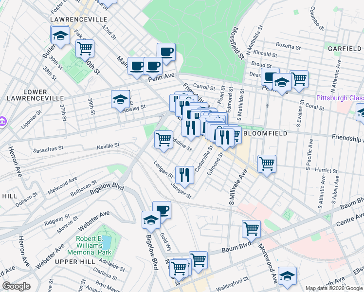 map of restaurants, bars, coffee shops, grocery stores, and more near 405 Sapphire Way in Pittsburgh