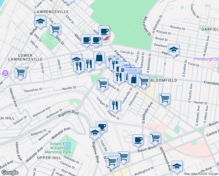 map of restaurants, bars, coffee shops, grocery stores, and more near 425 Orwell Way in Pittsburgh