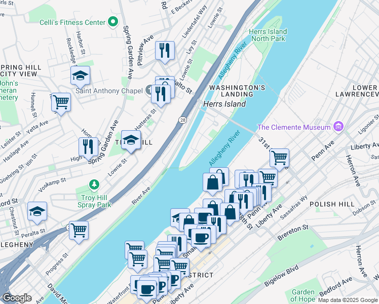map of restaurants, bars, coffee shops, grocery stores, and more near 82 Waterfront Drive in Pittsburgh