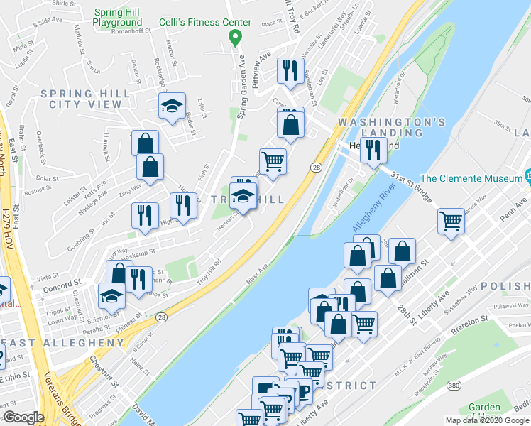 map of restaurants, bars, coffee shops, grocery stores, and more near 1300 Troy Hill Road in Pittsburgh