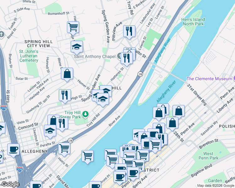 map of restaurants, bars, coffee shops, grocery stores, and more near 1300 Troy Hill Road in Pittsburgh