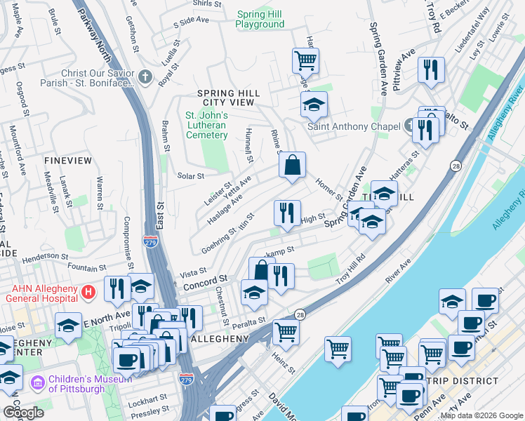 map of restaurants, bars, coffee shops, grocery stores, and more near 1257 Arcola Way in Pittsburgh