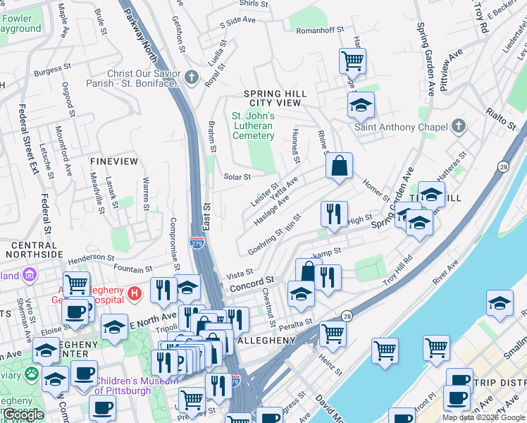 map of restaurants, bars, coffee shops, grocery stores, and more near 999 Haslage Avenue in Pittsburgh