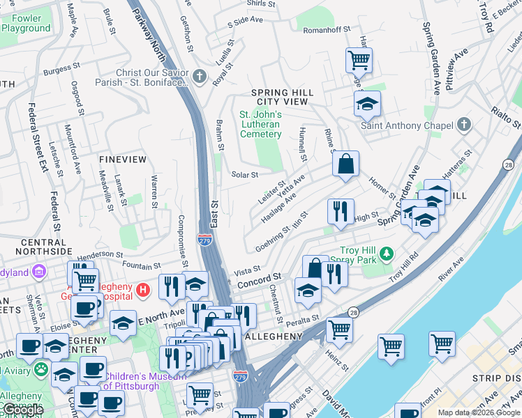 map of restaurants, bars, coffee shops, grocery stores, and more near 906 Yetta Avenue in Pittsburgh