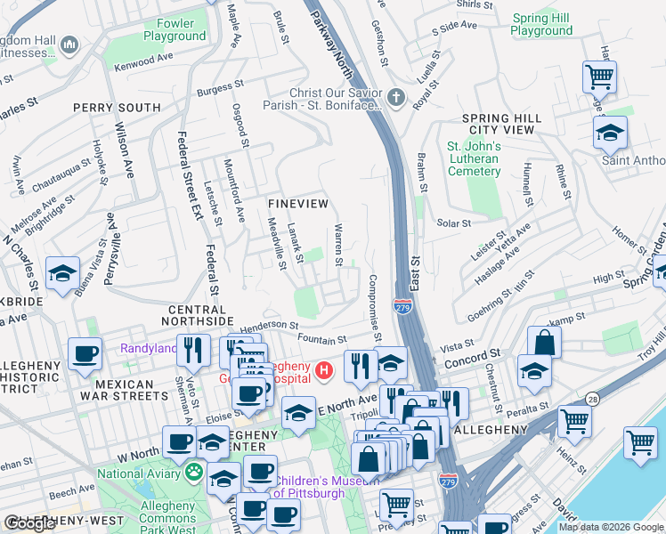 map of restaurants, bars, coffee shops, grocery stores, and more near 1604 Warren Street in Pittsburgh