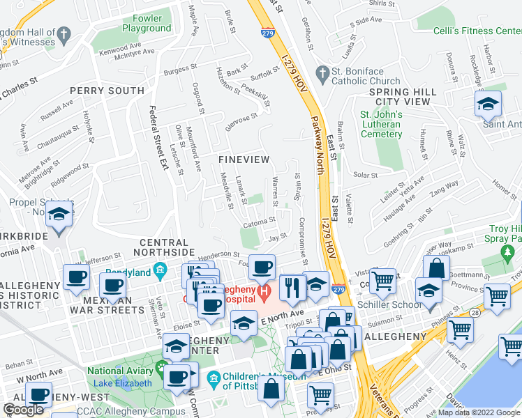 map of restaurants, bars, coffee shops, grocery stores, and more near 1609 Myler Street in Pittsburgh