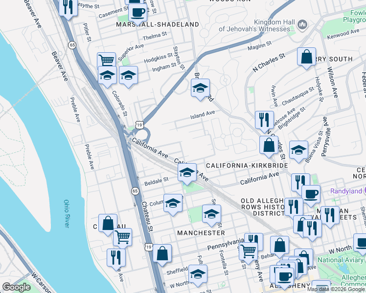 map of restaurants, bars, coffee shops, grocery stores, and more near 1304 Sigel Street in Pittsburgh