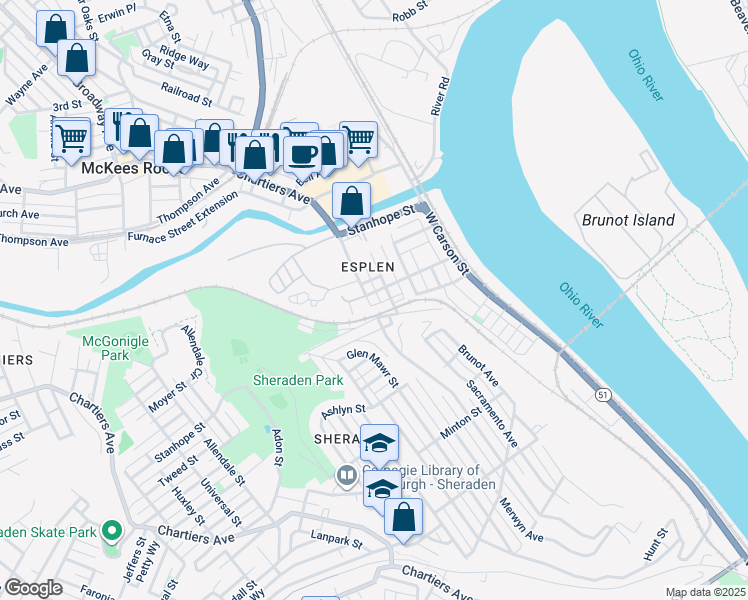 map of restaurants, bars, coffee shops, grocery stores, and more near 3313 Radcliffe Street in Pittsburgh