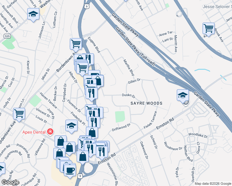 map of restaurants, bars, coffee shops, grocery stores, and more near 25 Dusko Drive in South Amboy