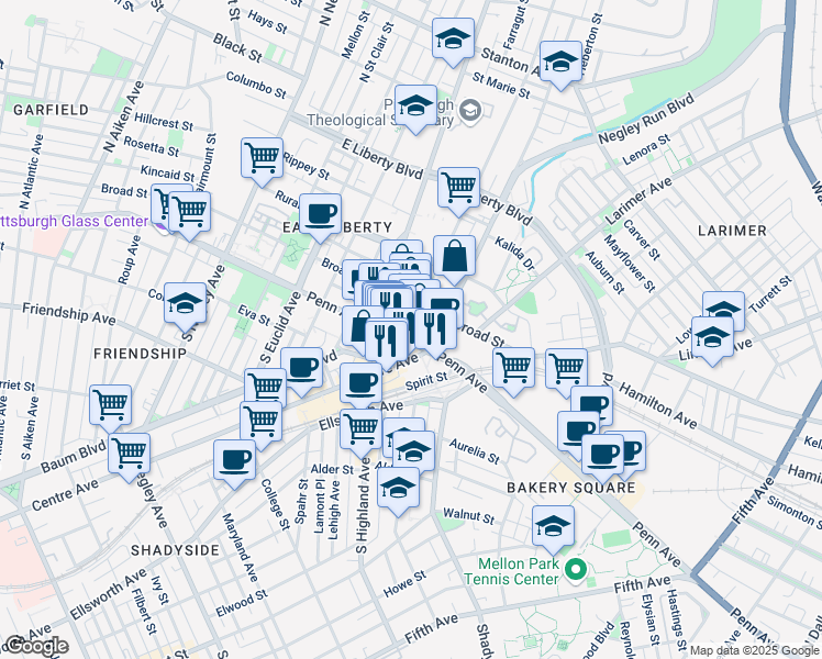 map of restaurants, bars, coffee shops, grocery stores, and more near in Pittsburgh