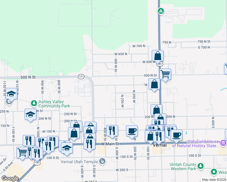 map of restaurants, bars, coffee shops, grocery stores, and more near 320 West 350 North in Vernal
