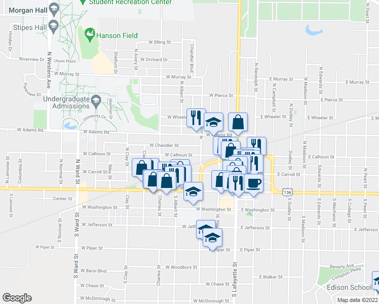 map of restaurants, bars, coffee shops, grocery stores, and more near North Johnson Street in Macomb