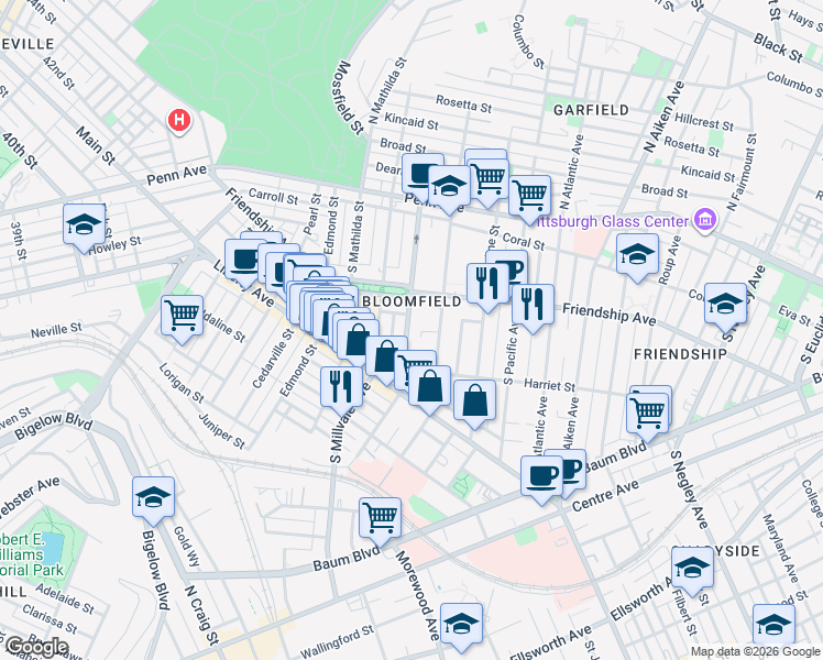 map of restaurants, bars, coffee shops, grocery stores, and more near 348 South Winebiddle Street in Pittsburgh