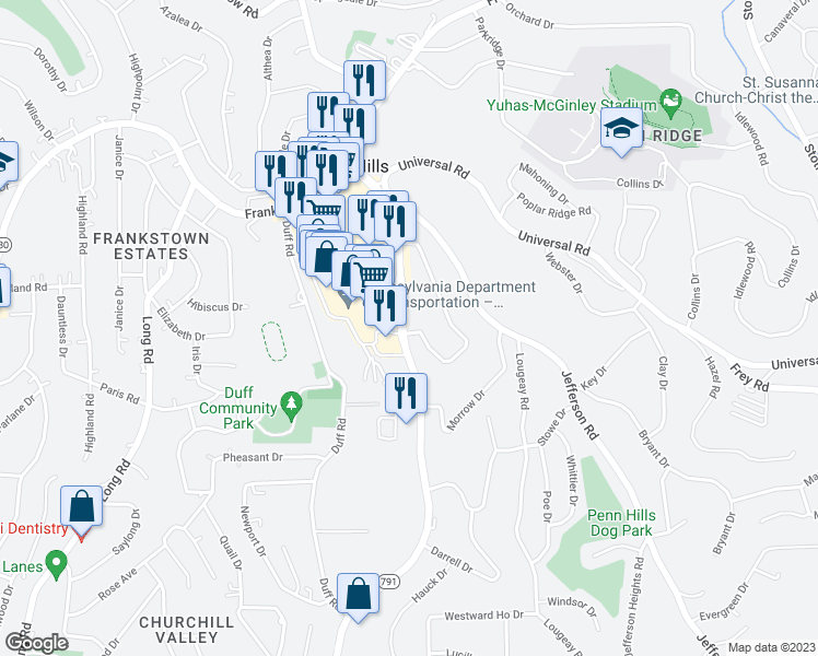 map of restaurants, bars, coffee shops, grocery stores, and more near 259 Rodi Road in Pittsburgh