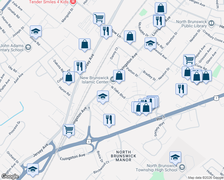 map of restaurants, bars, coffee shops, grocery stores, and more near 212 North Oaks Boulevard in North Brunswick Township