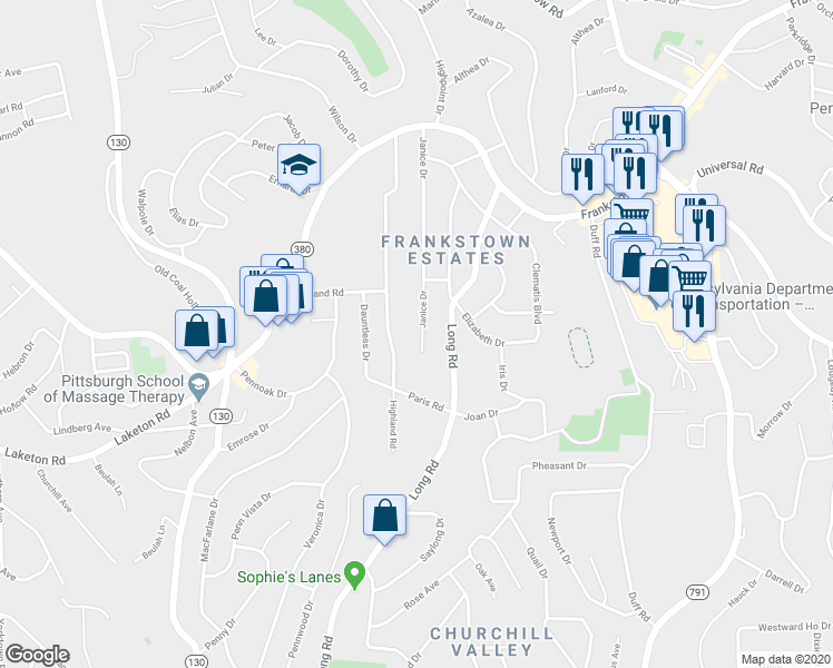 map of restaurants, bars, coffee shops, grocery stores, and more near 444 Janice Drive in Pittsburgh