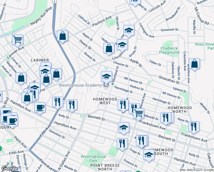 map of restaurants, bars, coffee shops, grocery stores, and more near 1101 North Murtland Street in Pittsburgh