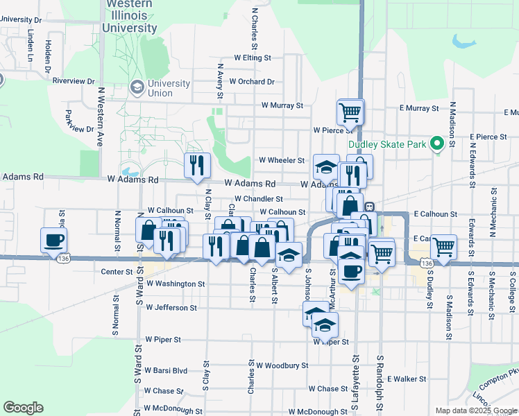 map of restaurants, bars, coffee shops, grocery stores, and more near 426 West Calhoun Street in Macomb