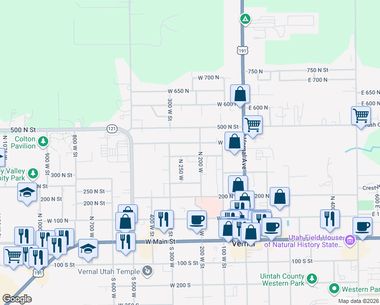 map of restaurants, bars, coffee shops, grocery stores, and more near 240 West 350 North in Vernal