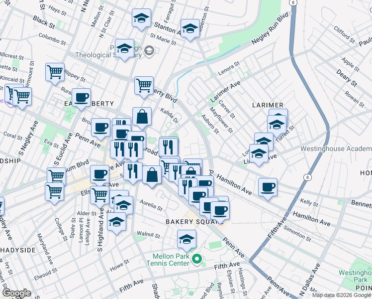 map of restaurants, bars, coffee shops, grocery stores, and more near 6435 Station Street in Pittsburgh