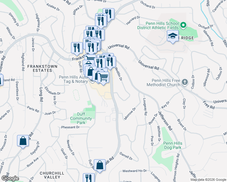 map of restaurants, bars, coffee shops, grocery stores, and more near Rodi Road in Penn Hills