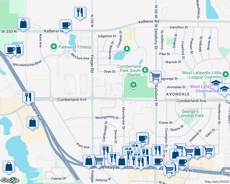 map of restaurants, bars, coffee shops, grocery stores, and more near 1010 Cumberland Avenue in West Lafayette