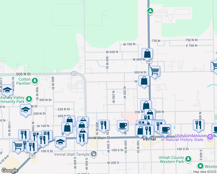 map of restaurants, bars, coffee shops, grocery stores, and more near 286 West 350 North in Vernal