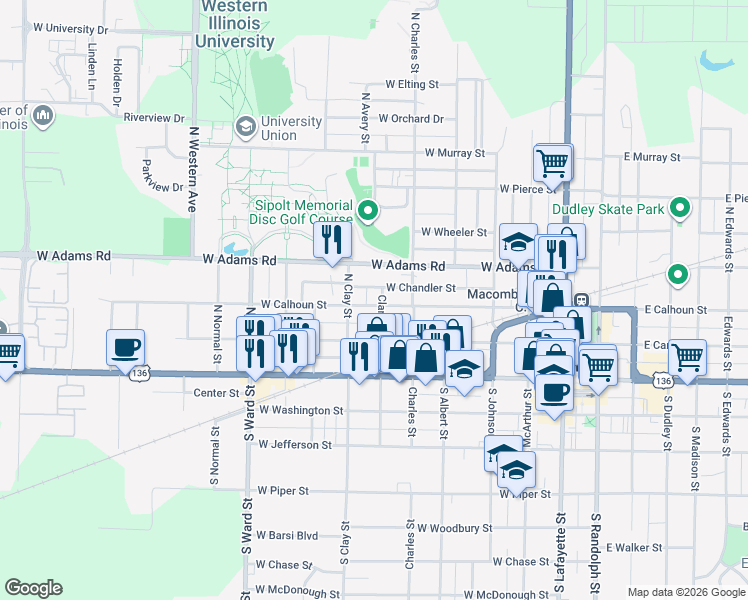 map of restaurants, bars, coffee shops, grocery stores, and more near 533 Clark Street in Macomb