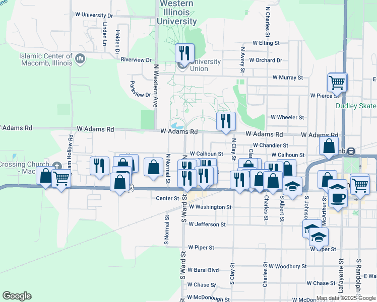 map of restaurants, bars, coffee shops, grocery stores, and more near 930 West Calhoun Street in Macomb