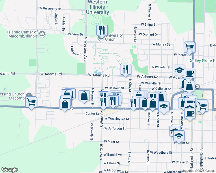 map of restaurants, bars, coffee shops, grocery stores, and more near 910 West Calhoun Street in Macomb