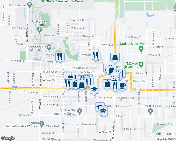 map of restaurants, bars, coffee shops, grocery stores, and more near 340 West Calhoun Street in Macomb