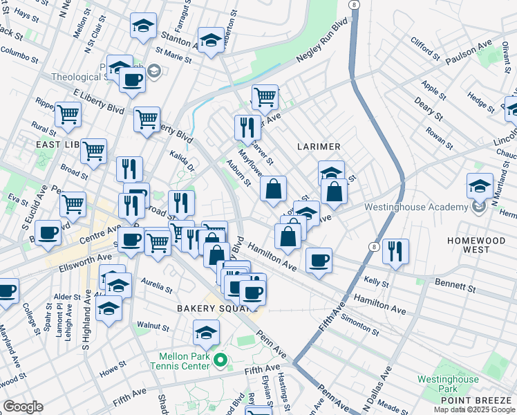 map of restaurants, bars, coffee shops, grocery stores, and more near 230 Auburn Street in Pittsburgh