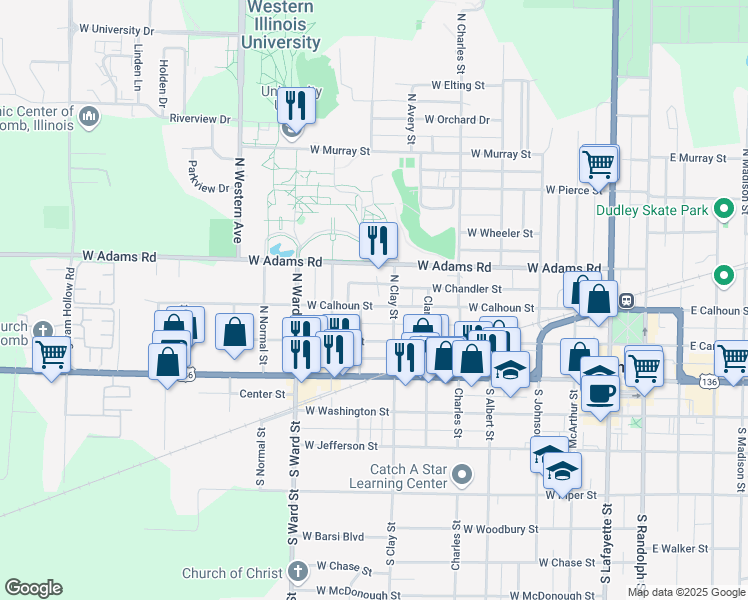 map of restaurants, bars, coffee shops, grocery stores, and more near 722 West Calhoun Street in Macomb