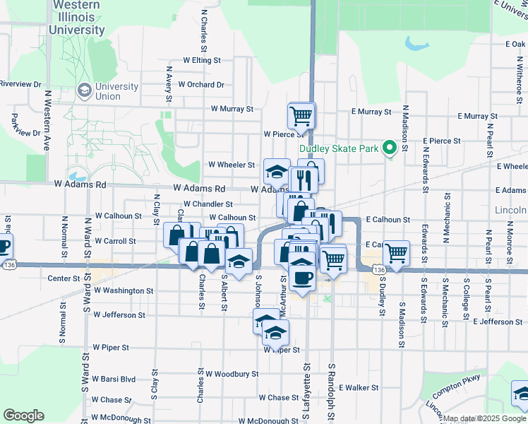 map of restaurants, bars, coffee shops, grocery stores, and more near 307 North Johnson Street in Macomb