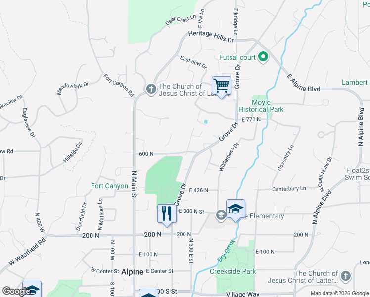 map of restaurants, bars, coffee shops, grocery stores, and more near 227 East 600 North in Alpine