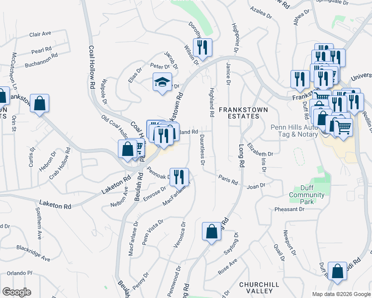 map of restaurants, bars, coffee shops, grocery stores, and more near 325 Pennoak Drive in Pittsburgh