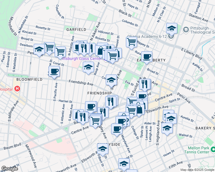 map of restaurants, bars, coffee shops, grocery stores, and more near in Pittsburgh