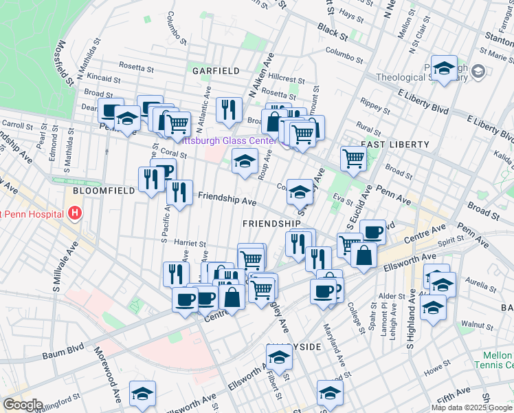 map of restaurants, bars, coffee shops, grocery stores, and more near 307 Roup Avenue in Pittsburgh