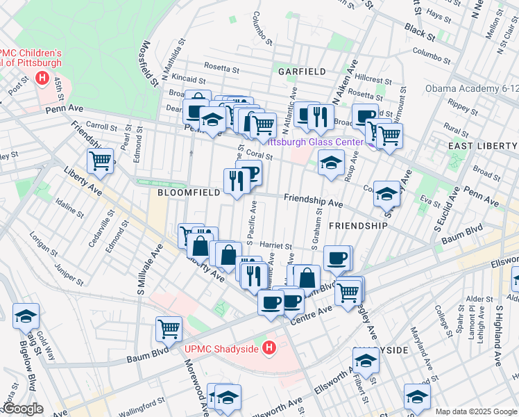 map of restaurants, bars, coffee shops, grocery stores, and more near 342 South Atlantic Avenue in Pittsburgh