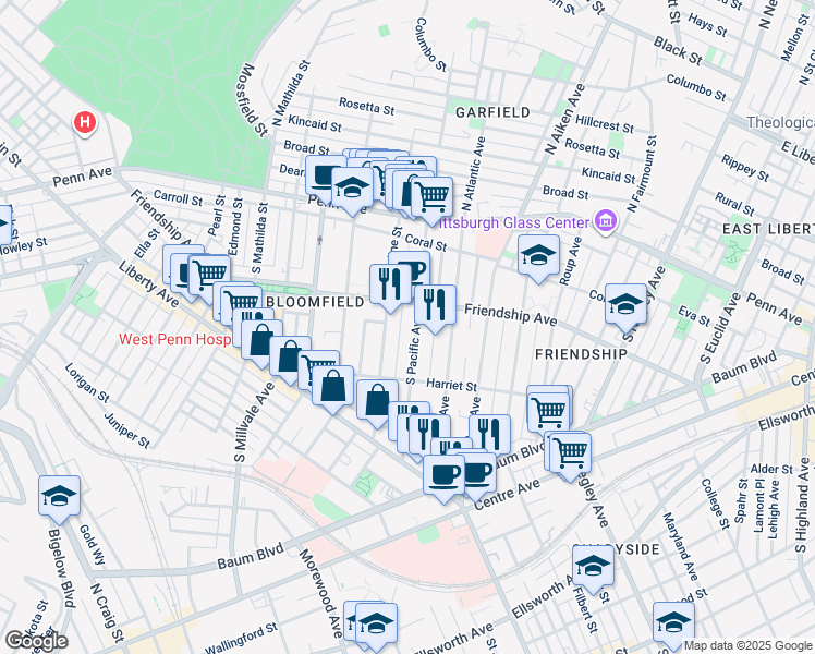 map of restaurants, bars, coffee shops, grocery stores, and more near 332 South Pacific Avenue in Pittsburgh