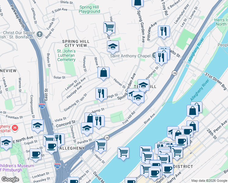 map of restaurants, bars, coffee shops, grocery stores, and more near 1266 Spring Garden Avenue in Pittsburgh