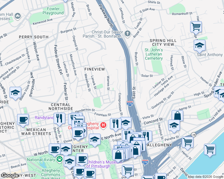 map of restaurants, bars, coffee shops, grocery stores, and more near 1604 Warren Street in Pittsburgh