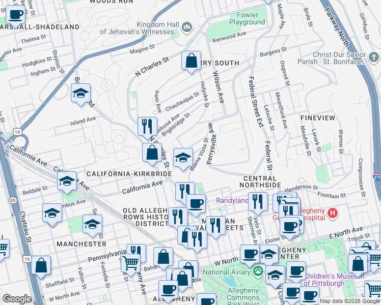 map of restaurants, bars, coffee shops, grocery stores, and more near 3 Overlook Street in Pittsburgh