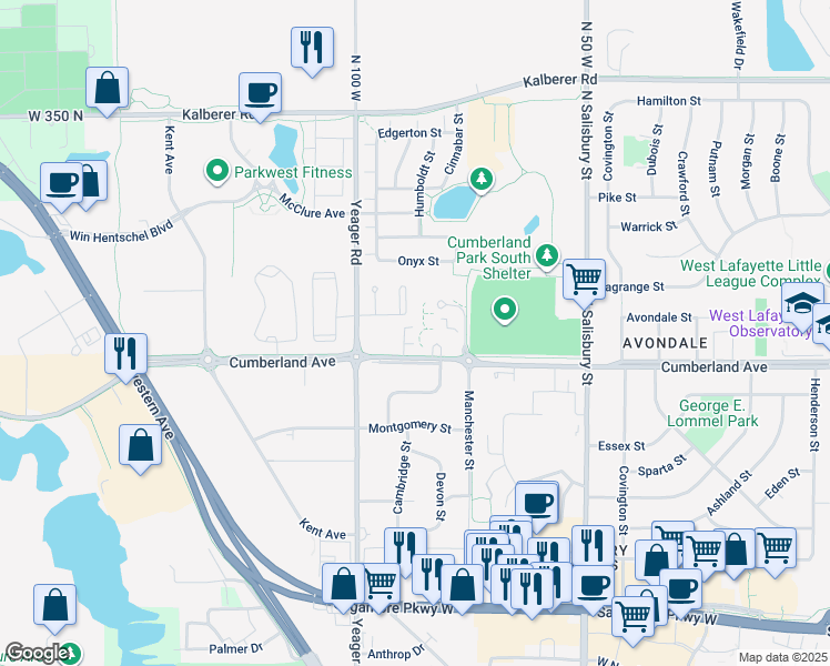 map of restaurants, bars, coffee shops, grocery stores, and more near 1056 Cumberland Avenue in West Lafayette