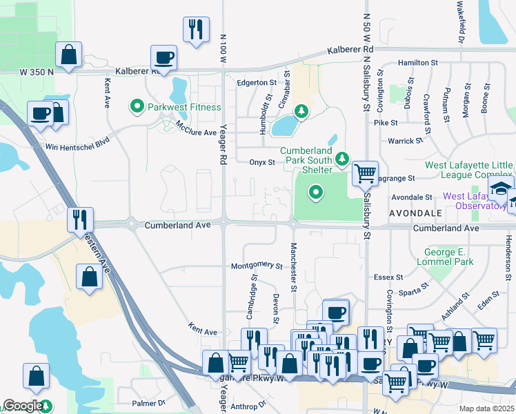 map of restaurants, bars, coffee shops, grocery stores, and more near 1056 Cumberland Avenue in West Lafayette