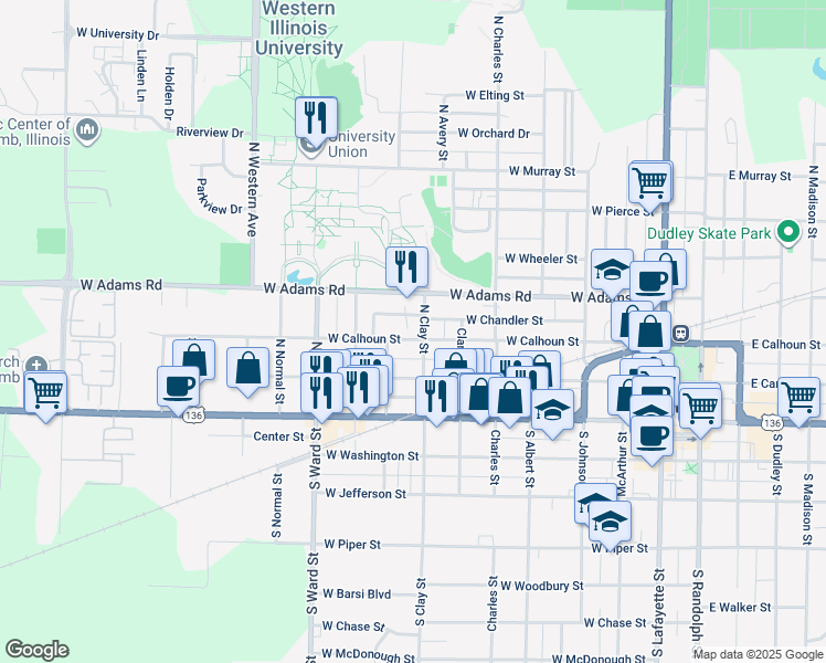 map of restaurants, bars, coffee shops, grocery stores, and more near 233 North Clay Street in Macomb