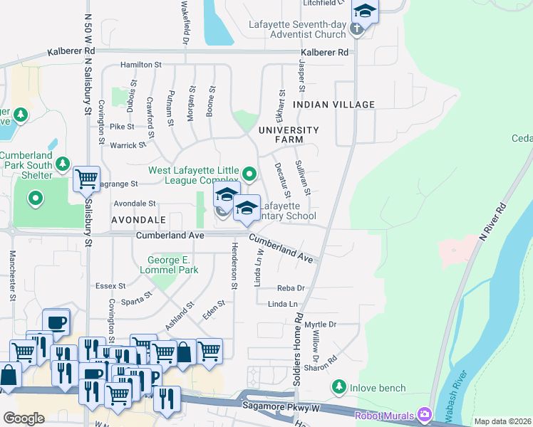 map of restaurants, bars, coffee shops, grocery stores, and more near 3008 Benton Street in West Lafayette