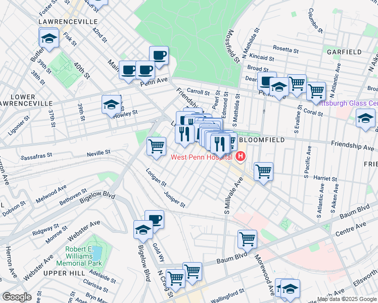 map of restaurants, bars, coffee shops, grocery stores, and more near 328 Garnet Way in Pittsburgh