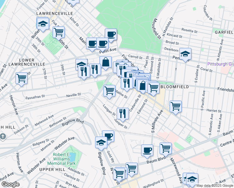 map of restaurants, bars, coffee shops, grocery stores, and more near 425 Orwell Way in Pittsburgh